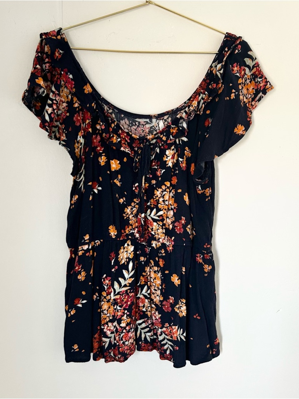 Maurices Navy Blue Floral Clinched Waist Ruffle Blouse